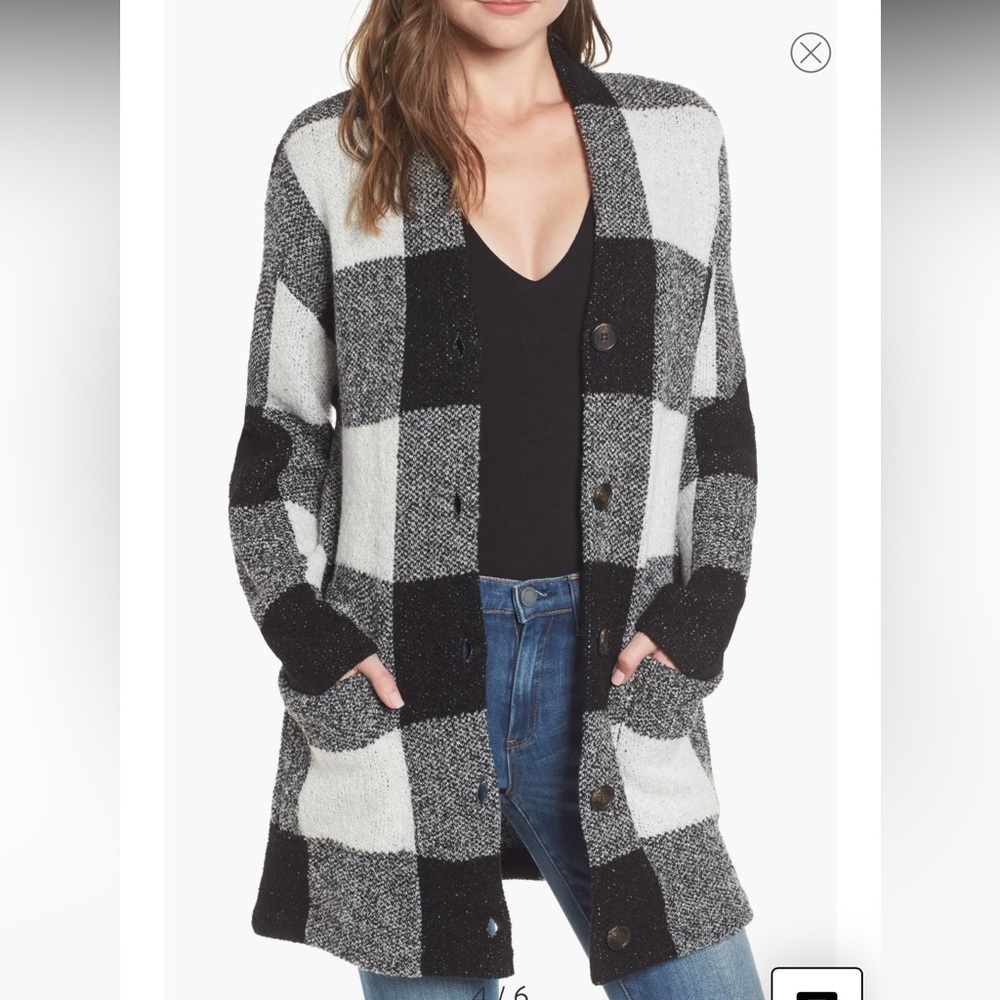 BLANKNYC Long Cardigan Duster Button-Up Buffalo Check Black & White Large - Picture 2 of 15